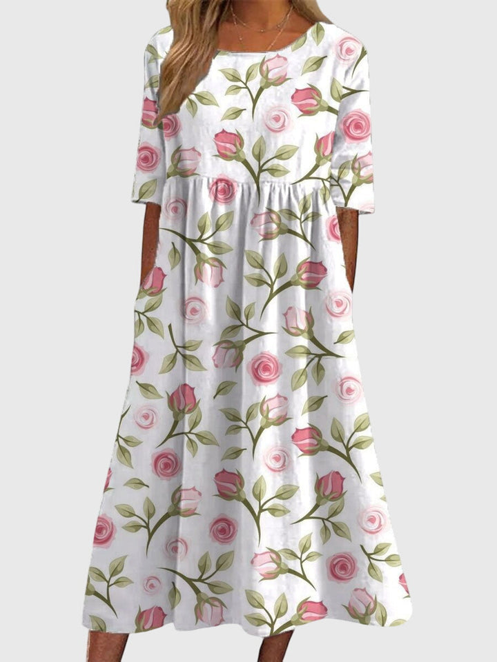 Vestido midi floral suelto para mujer, ideal para primavera/verano. Ropa femenina casual, cómoda y elegante.