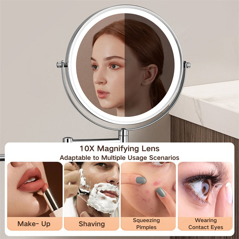 Espejo mural recargable para baño, LED ajustable, 10X de aumento, cuidado personal y belleza.