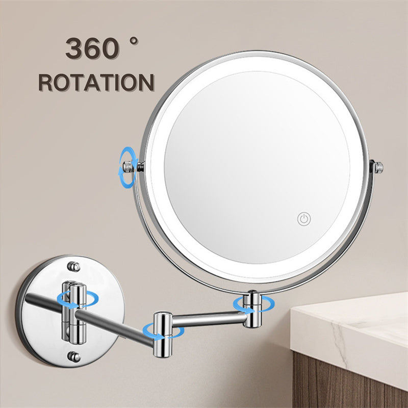 Espejo de pared con aumento 10X, iluminación LED ajustable, perfecto para baño moderno.
