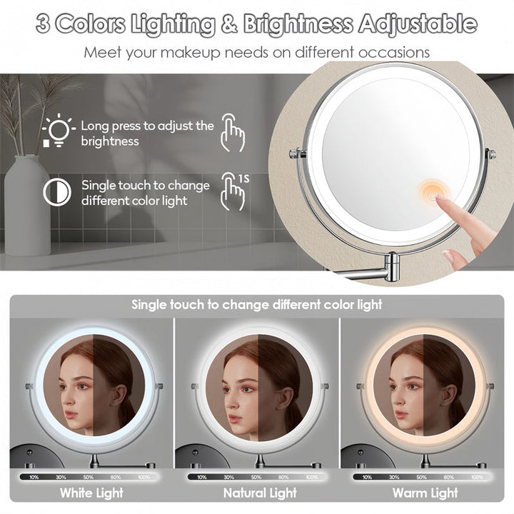 Espejo de maquillaje giratorio 360, aumento 10X, LED ajustable, recargable, montaje en pared.