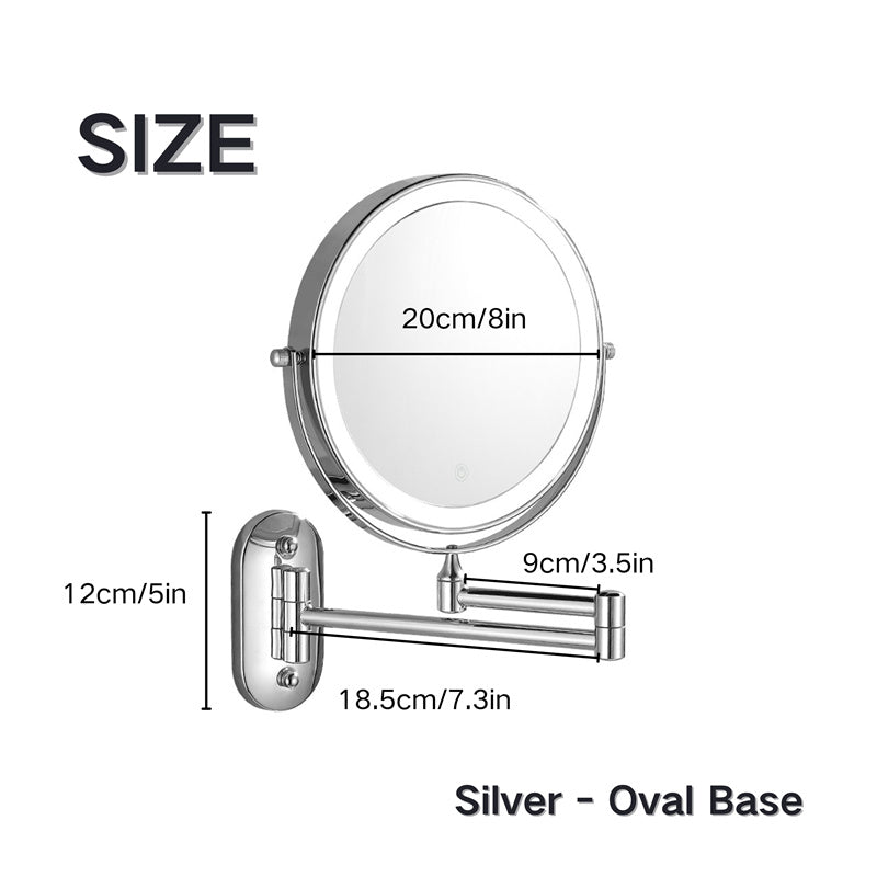 Espejo para cuidado personal, 10X de aumento, LED ajustable, recargable, brazo giratorio de pared.