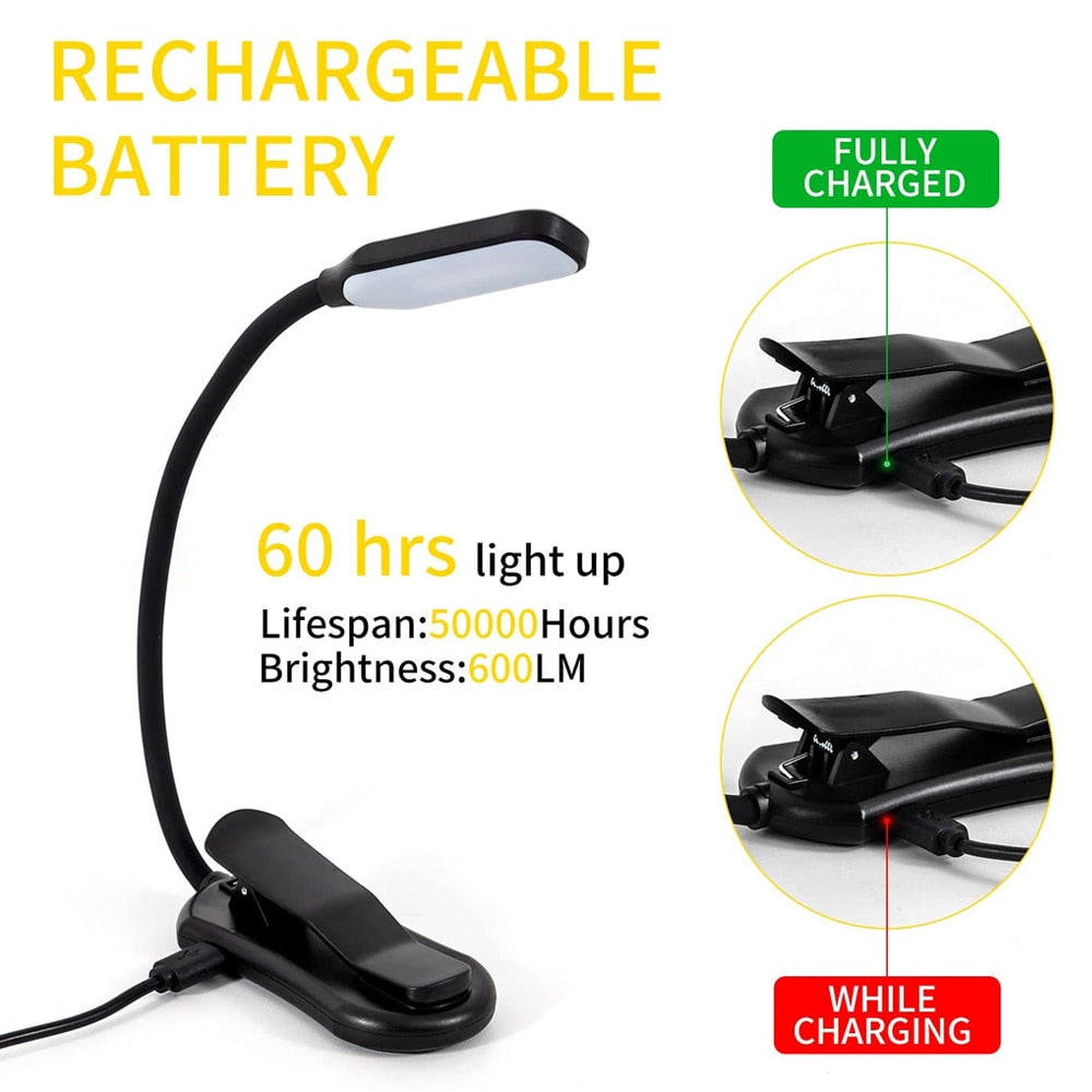 Lámpara de lectura LED con pinza, luz ajustable para protección ocular. Ideal para libros, escritorio o estudio.