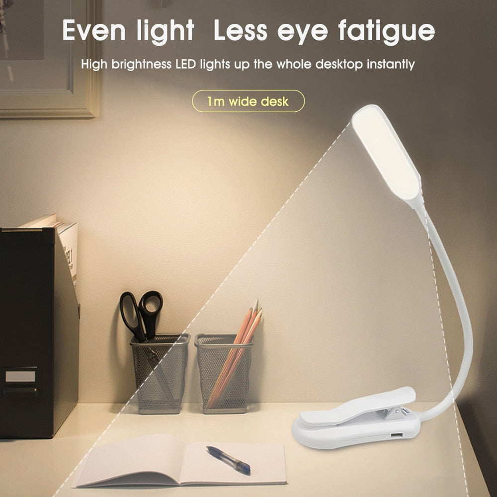 Lámpara LED de lectura recargable con pinza para libros. Luz ajustable sin cables, perfecta para escritorio y portátil.