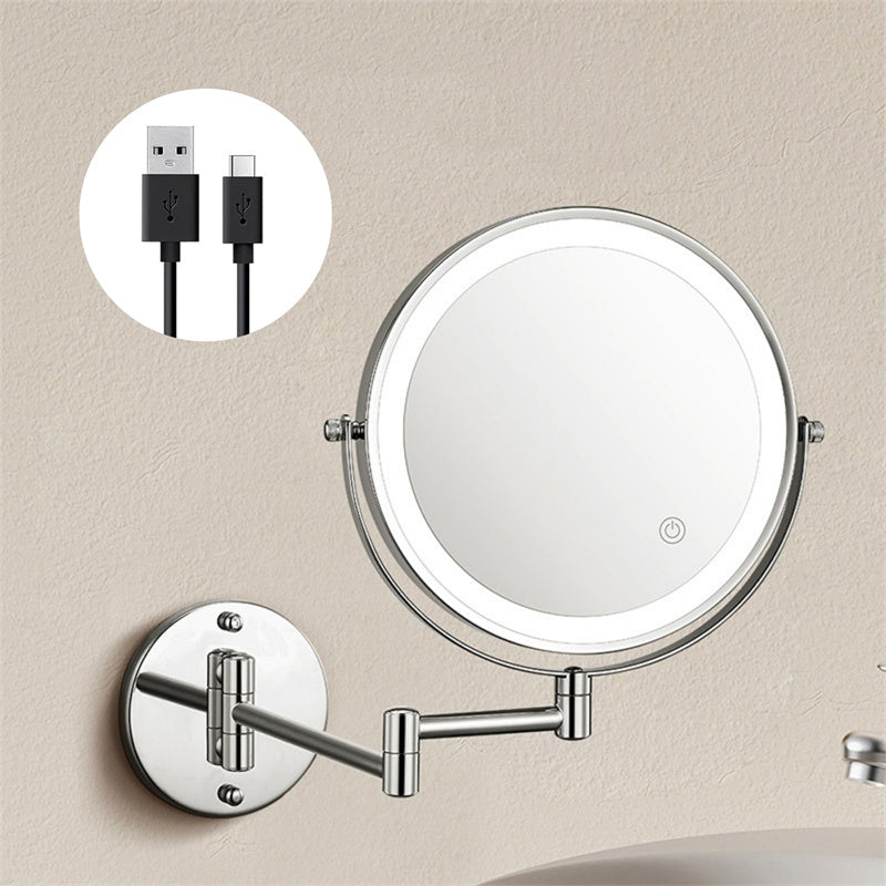 Espejo de maquillaje LED, 10X aumento, giro 360, recargable, ideal para cuidado personal.