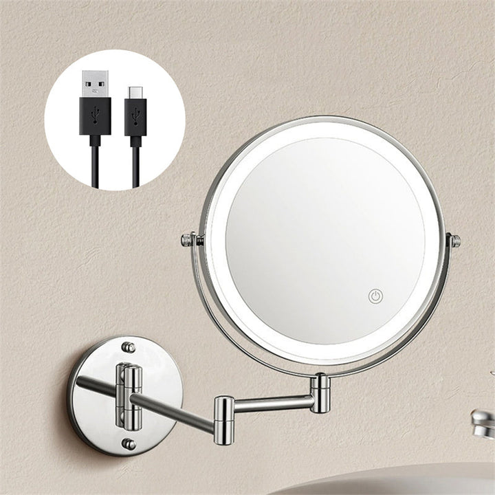 Espejo de maquillaje LED, 10X aumento, giro 360, recargable, ideal para cuidado personal.