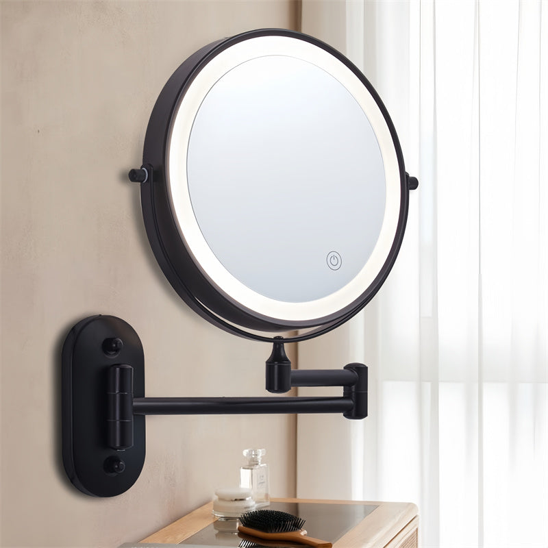 Espejo LED recargable, aumento 10X, brazo extensible giratorio para maquillaje detallado.