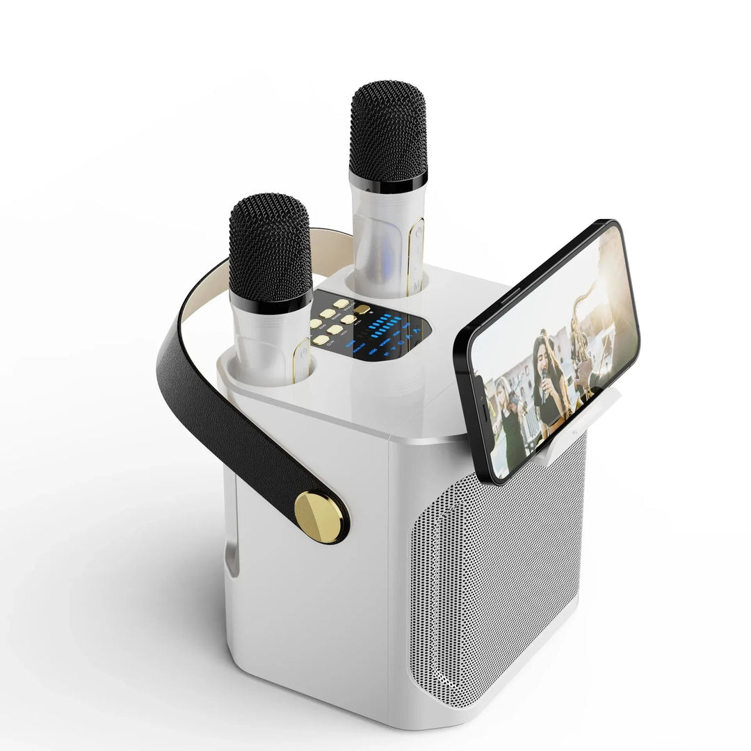 Altavoz Bluetooth portátil de karaoke con sonido 360°, ideal para fiestas y música en exterior. Batería de larga duración.