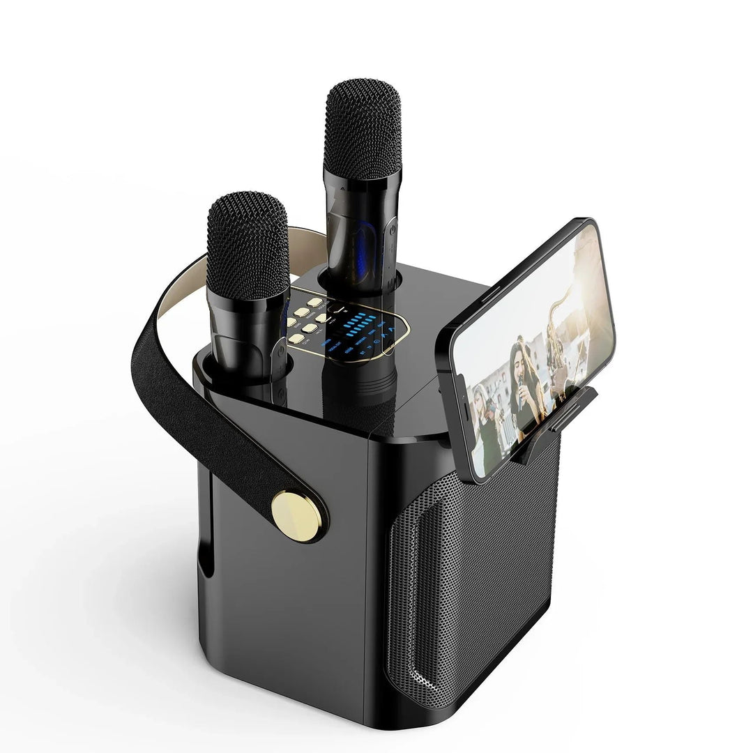 Altavoz karaoke portátil con microfonos, sonido 360° para fiestas, entretenimiento y música al aire libre. Bluetooth 5.0.