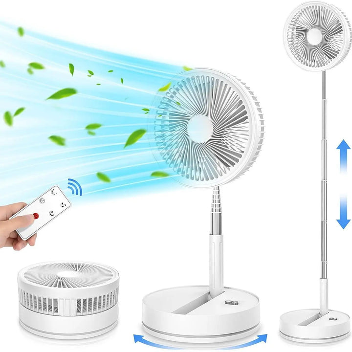 Ventilador de suelo plegable recargable ultra silencioso. Enfriamiento portátil para el hogar.