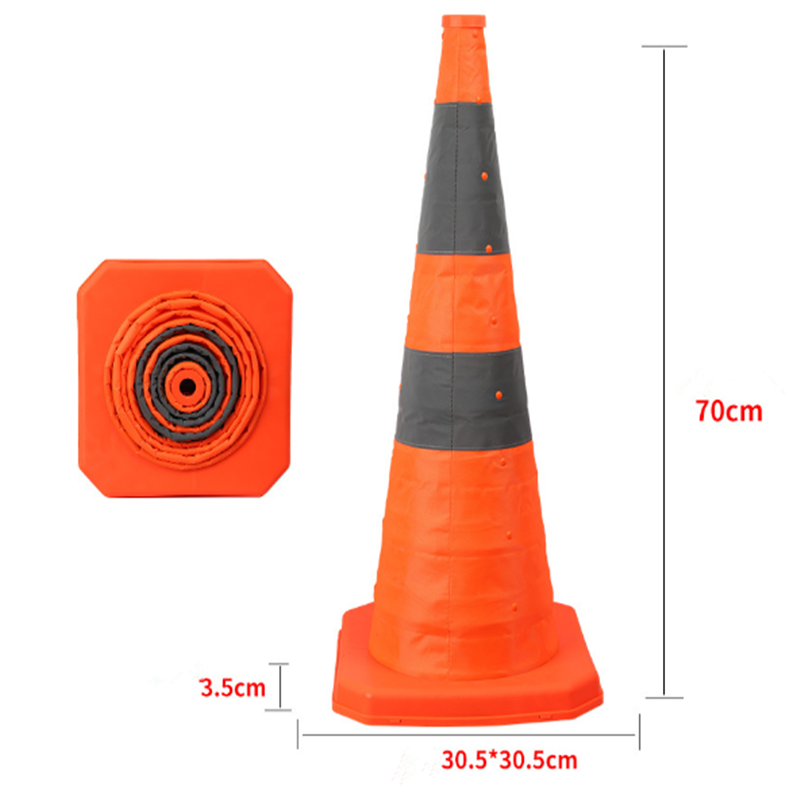 Cono de tráfico reflectante con bandas de alta visibilidad para señalización vial.