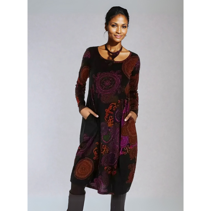 Vestido SIENNA de mujer, midi bohemio con estampado único y mangas largas, look elegante y desenfadado.