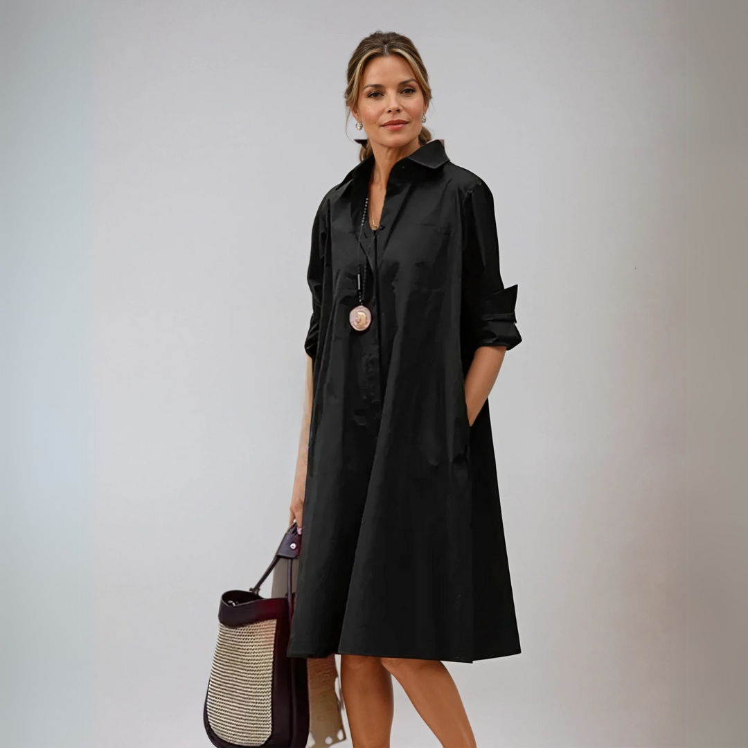 Vestido rojo camisero oversize para mujer, look casual chic. Comodidad y estilo de moda.