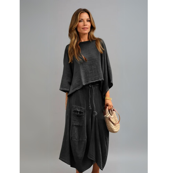 Conjunto LUNA de dos piezas para mujer, top y falda fluida, ideal para verano casual.