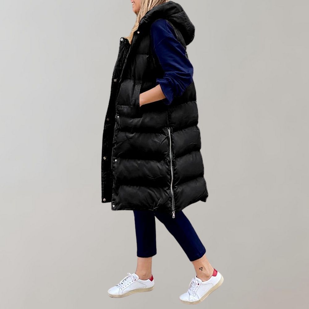 Chaleco versátil de mujer, sin mangas, ideal para superponer prendas en el frío del invierno.