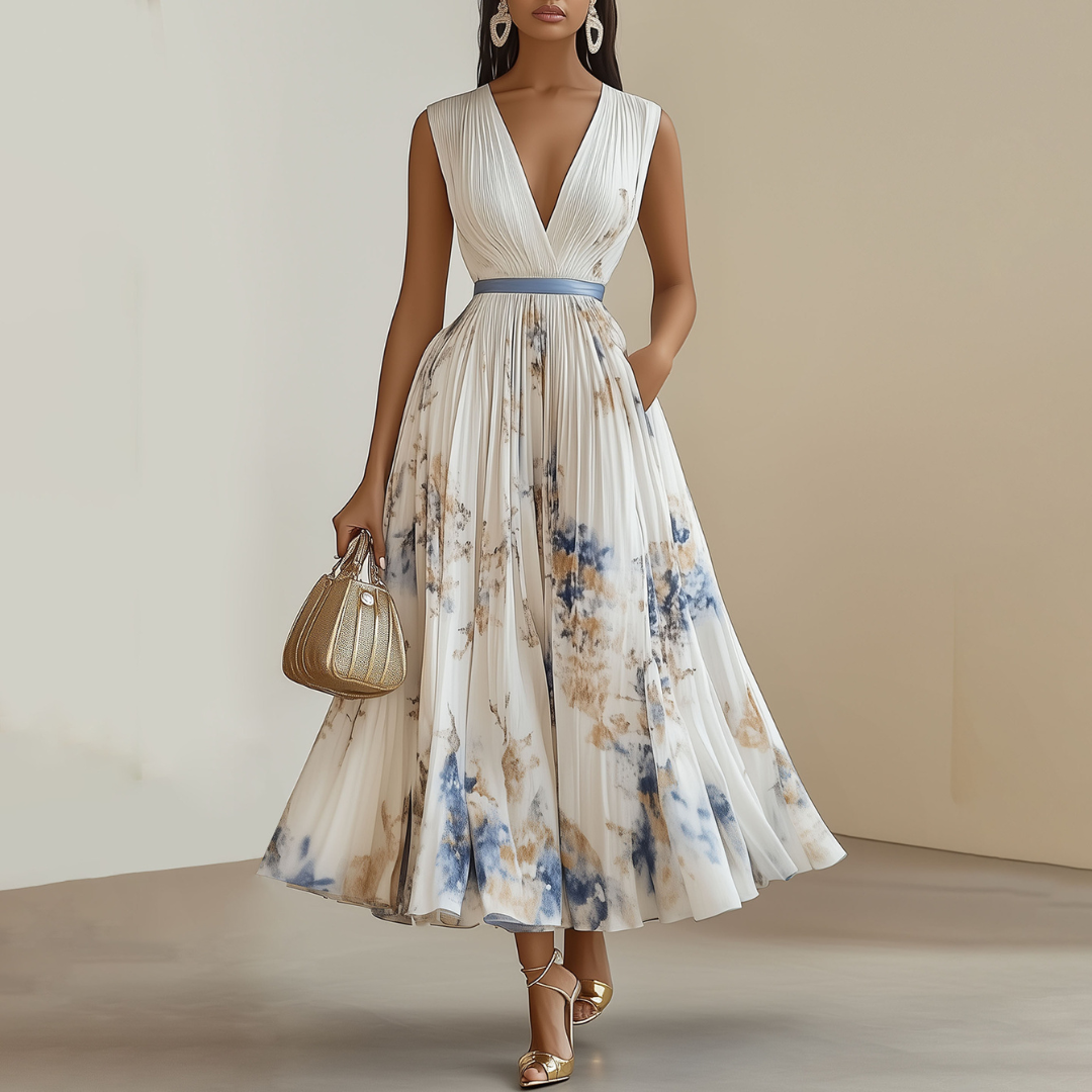 Vestido largo floral elegante con escote V y falda plisada. Ideal para invitada de boda, fiesta o eventos de primavera/verano.