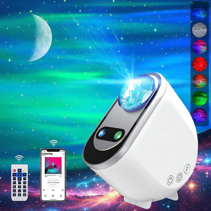 Impresionante proyección de galaxia LED y aurora en techo, ideal para decoración y relajación nocturna.