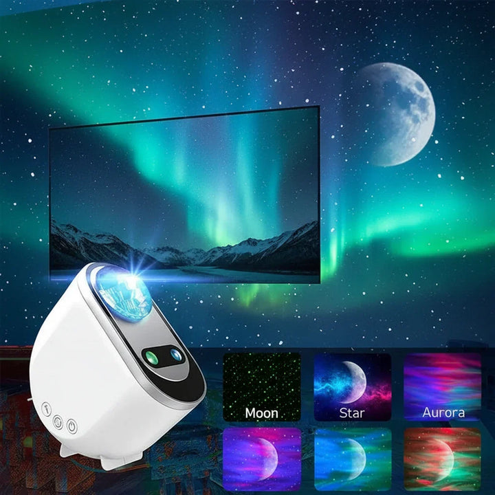 Proyector de luz nocturna galaxia LED en dormitorio, perfecto para un ambiente relajante y sueño profundo.