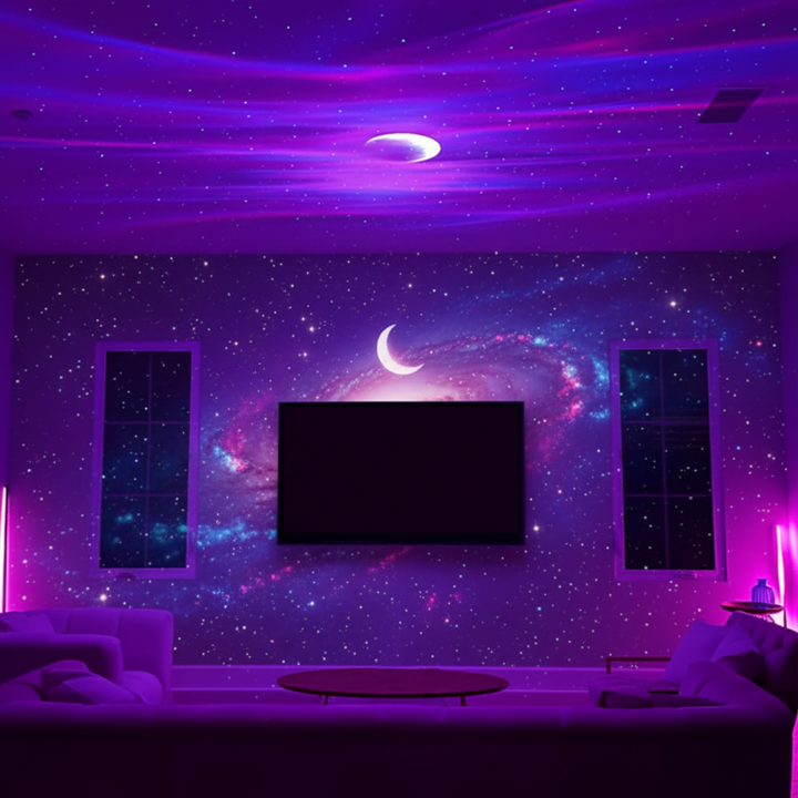 Proyector de galaxia LED y luz aurora embelleciendo la sala, creando una atmósfera de relajación en casa.