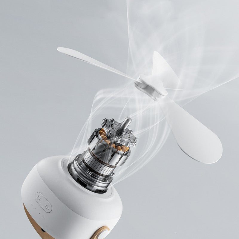 Ventilador multifuncional recargable con luz LED, silencioso, control remoto; ideal para escritorio, hogar o camping.