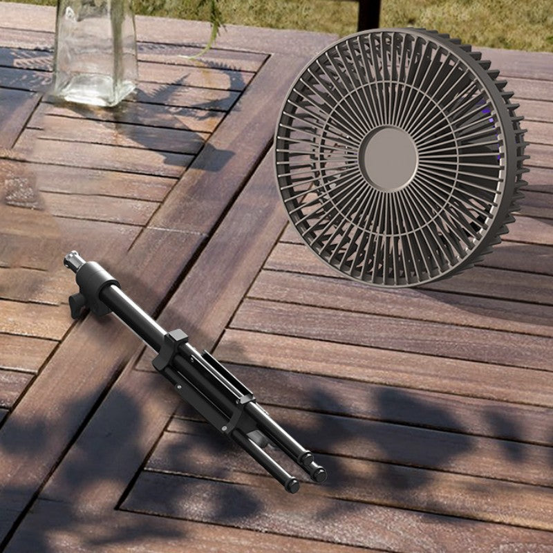 Ventilador portátil recargable USB con power bank, ideal para camping, jardín y exterior. Múltiples funciones.