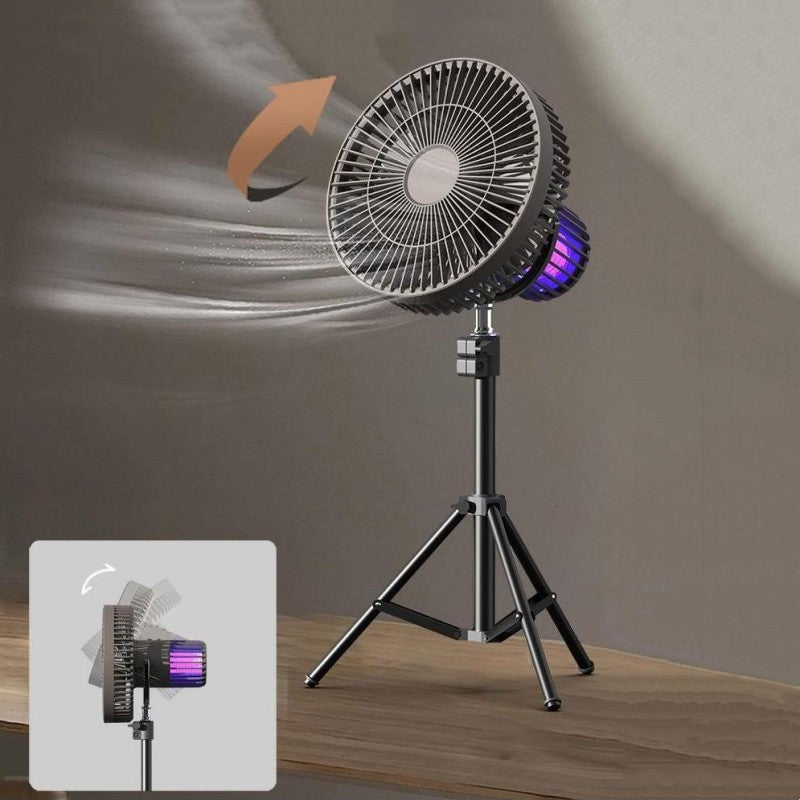 Ventilador portátil versátil 4 en 1 con luz nocturna, power bank y repelente. Perfecto para camping y jardín.