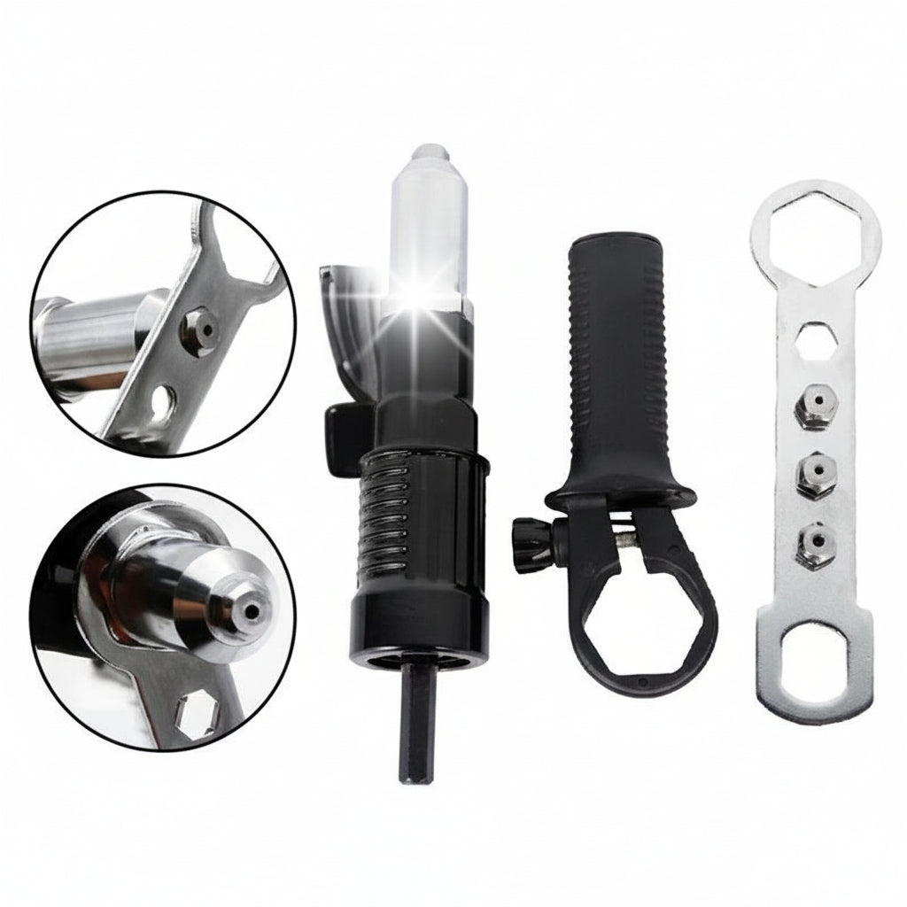 Adaptador para remachadora de taladro. Kit esencial para fijación de metal en cualquier taller.