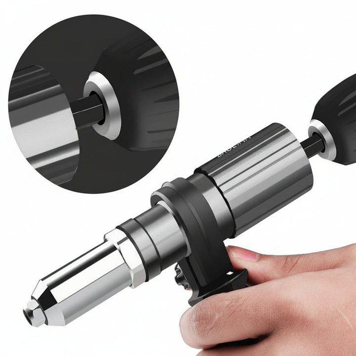 Remachadora manual con adaptador de taladro. Herramienta versátil para bricolaje y fijación.