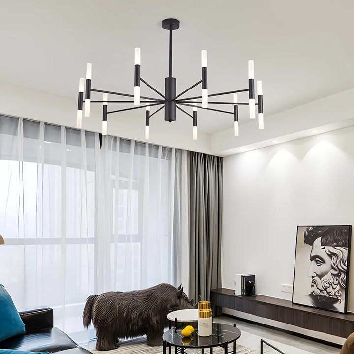 Diseño de lámpara araña circular, iluminación LED moderna ideal para sala de estar.
