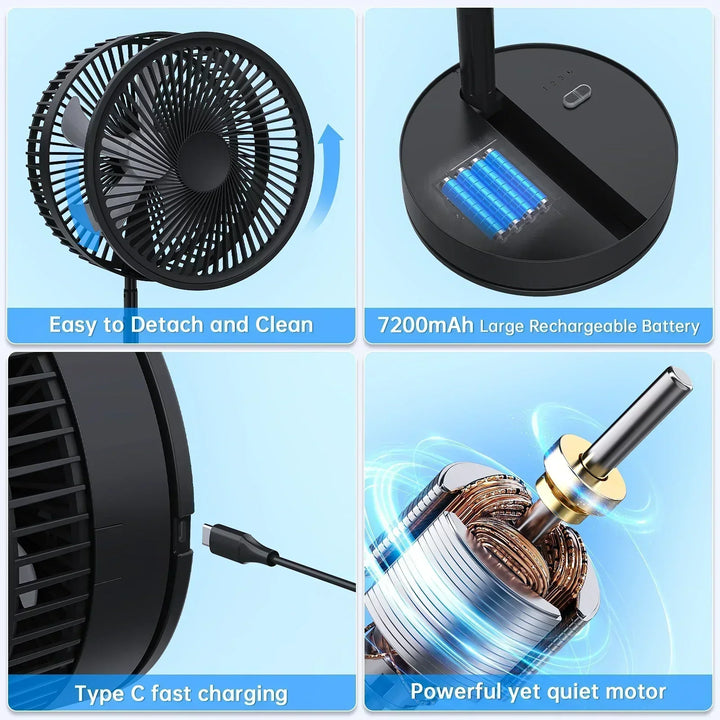 Ventilador de suelo plegable recargable, perfecto para un enfriamiento potente y silencioso en casa.