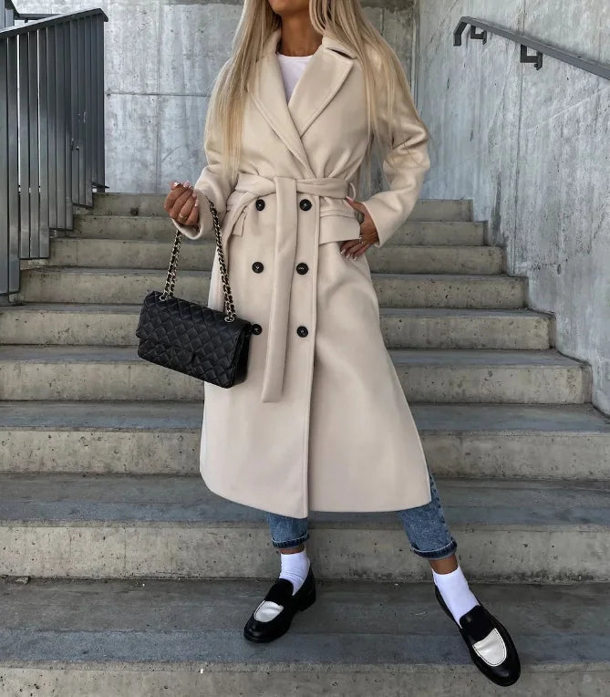 Abrigo de lana cruzado para mujer con cinturón, estilo elegante. Ideal para invierno y otoño.