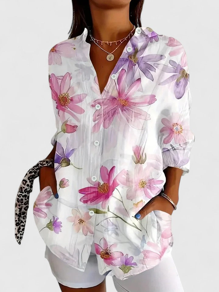 Camisa casual de mujer con estampado floral vibrante, manga larga, perfecta para moda de primavera/verano.