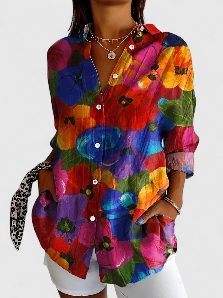 Camisa elegante casual de mujer, estampado floral de moda con manga larga, ideal para primavera y verano.