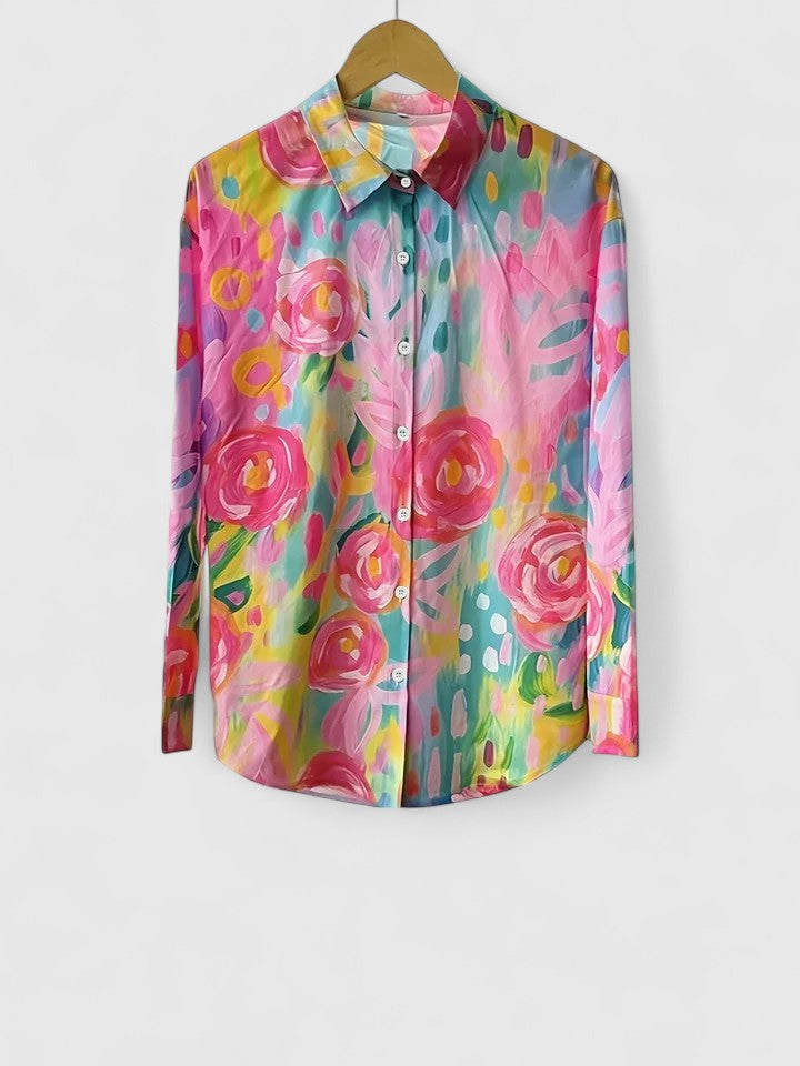 Camisa de mujer con estampado floral, manga larga y estilo casual. Perfecta para primavera-verano.
