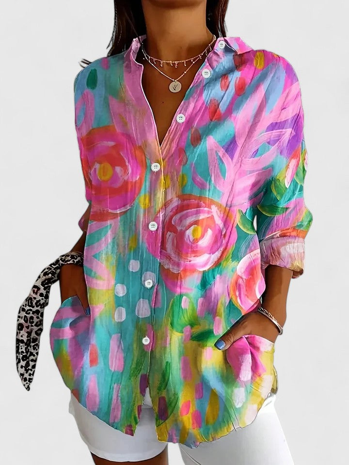 Camisa estampada floral de manga larga para mujer, estilo casual y fresco de primavera/verano.