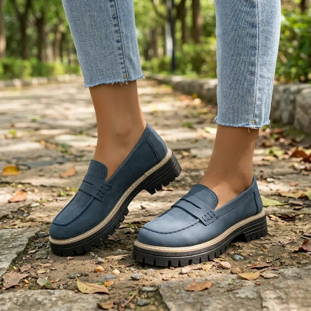 Calzado de mujer, mocasines de piel auténtica con suela gruesa, diseño penny slot.