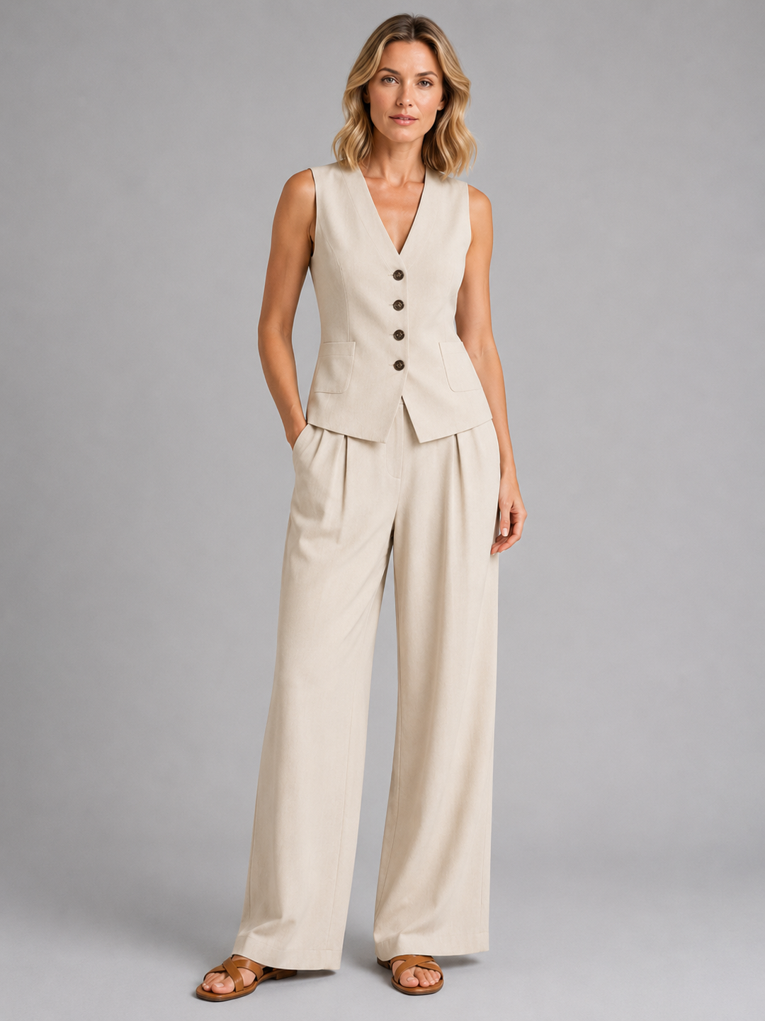 Conjunto de punto de mujer con chaleco y pantalón ancho plisado. Textura suave y diseño moderno.