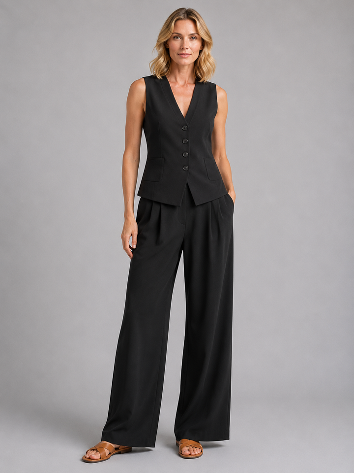 Conjunto de punto para mujer con pantalón ancho plisado y chaleco a juego. Estilo moderno y cómodo.