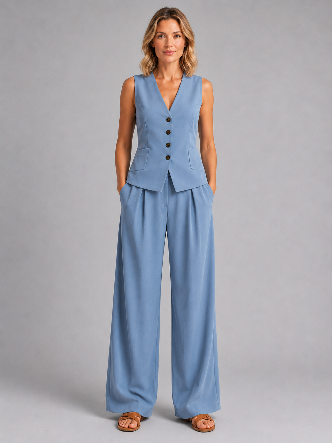 Conjunto de punto elegante para mujer. Incluye chaleco y pantalón ancho plisado. Ideal primavera/verano.