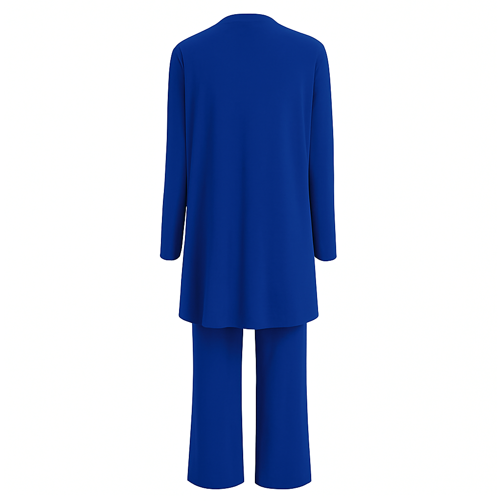 Outfit femenino con cárdigan y pantalón ancho. Conjunto casual de dos piezas para primavera-otoño.