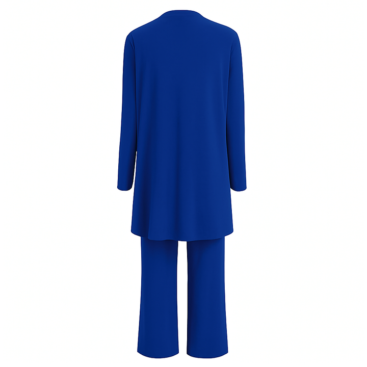 Outfit femenino con cárdigan y pantalón ancho. Conjunto casual de dos piezas para primavera-otoño.