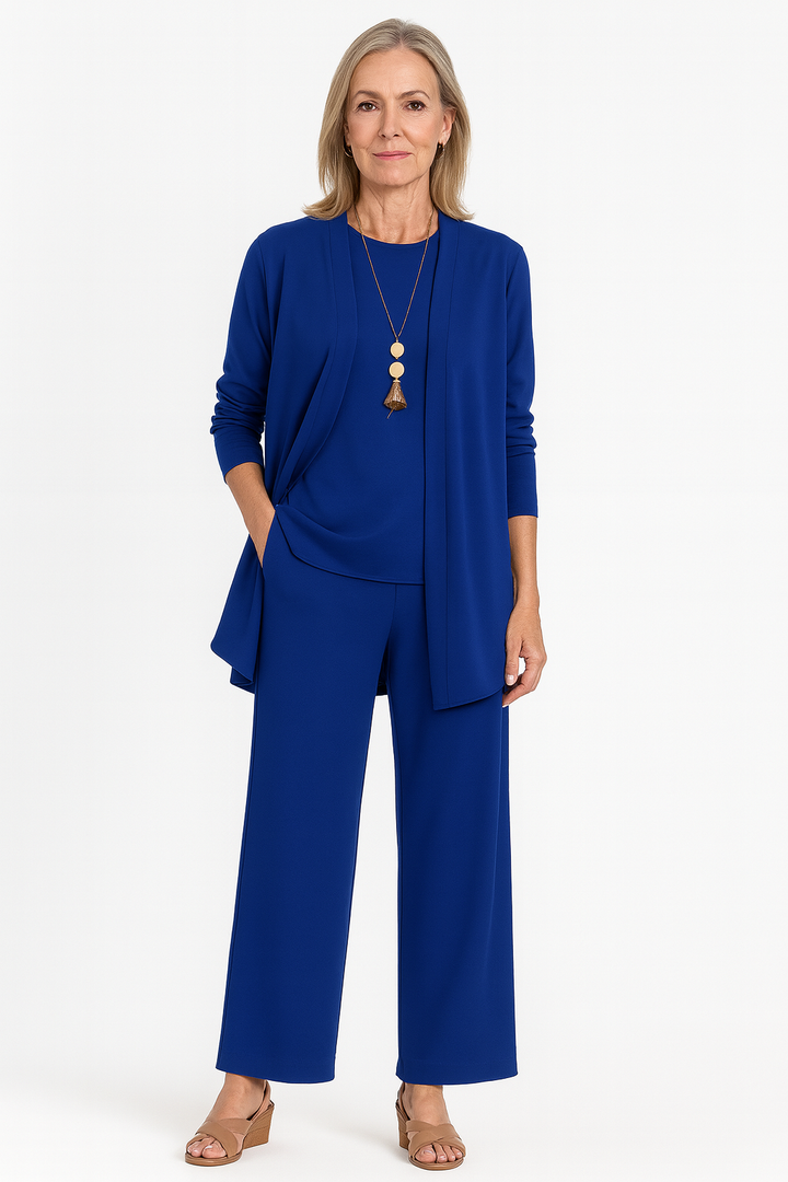 Conjunto de dos piezas para mujer: cárdigan de manga larga y pantalón ancho. Estilo cómodo y chic.