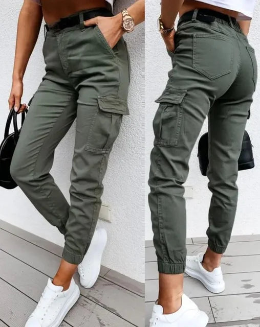 Pantalón cargo de mujer holgado y fresco para verano, con cinturón ajustable y estilo casual.