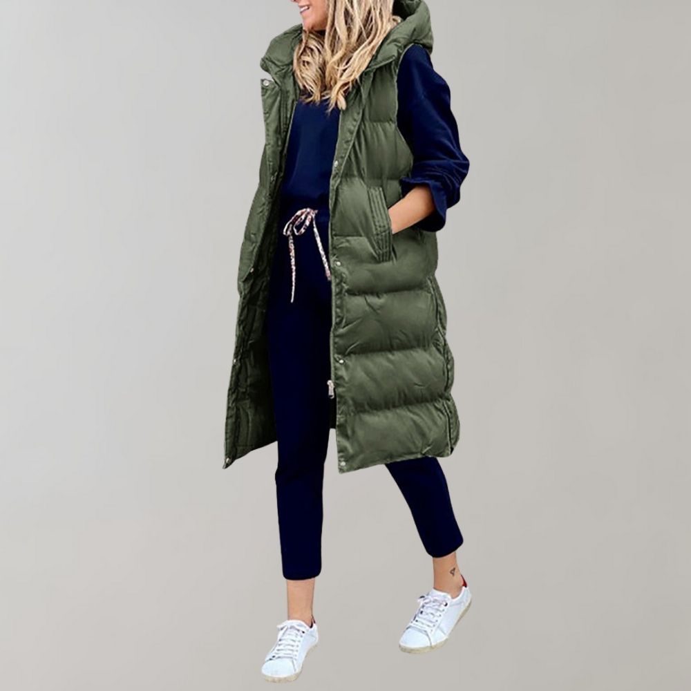 Chaleco de mujer cálido, sin mangas, ideal para días fríos y estilo casual invernal.