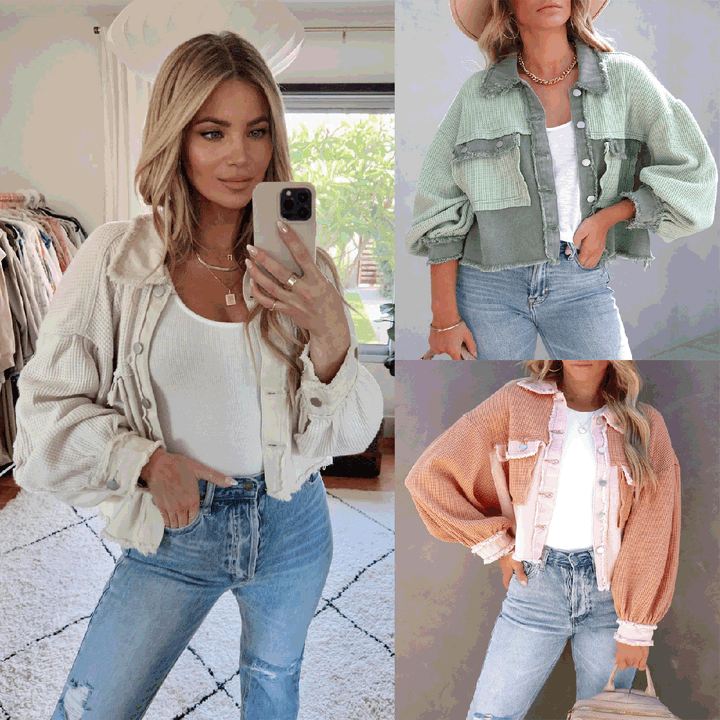 Chaqueta de primavera-otoño. Diseño boho chic y estampado vibrante. Moda casual para mujer.