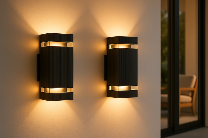 Lámpara LED de pared exterior eficiente, con luz Up Down para fachadas y entradas. Acabado negro IP65.