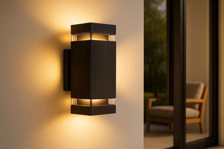 Lámpara exterior de pared negra Up & Down IP65 GU10. Iluminación moderna para fachadas y jardines.