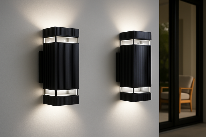 Iluminación de fachada Up & Down negra, ideal para destacar elementos arquitectónicos. Aplique exterior IP65.