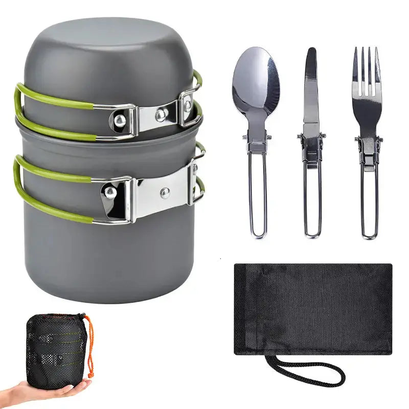 Utensilios de cocina de acero inoxidable para camping, senderismo y aventura. Set portátil y duradero.