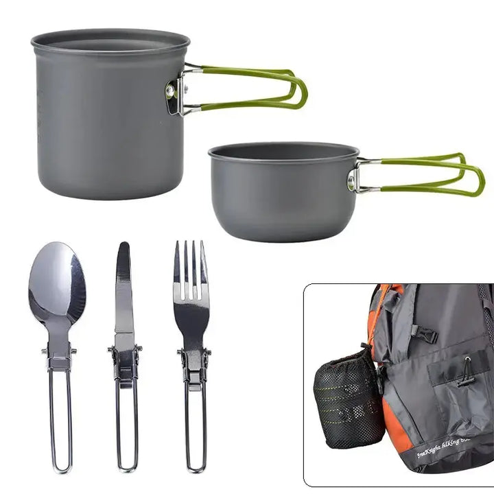 Set de utensilios de cocina portátiles de acero inoxidable para camping y senderismo. Ideal para aventura.
