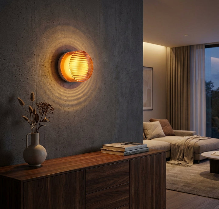 Aplique de pared LED redondo moderno. Iluminación interior de diseño para un ambiente elegante en el hogar.